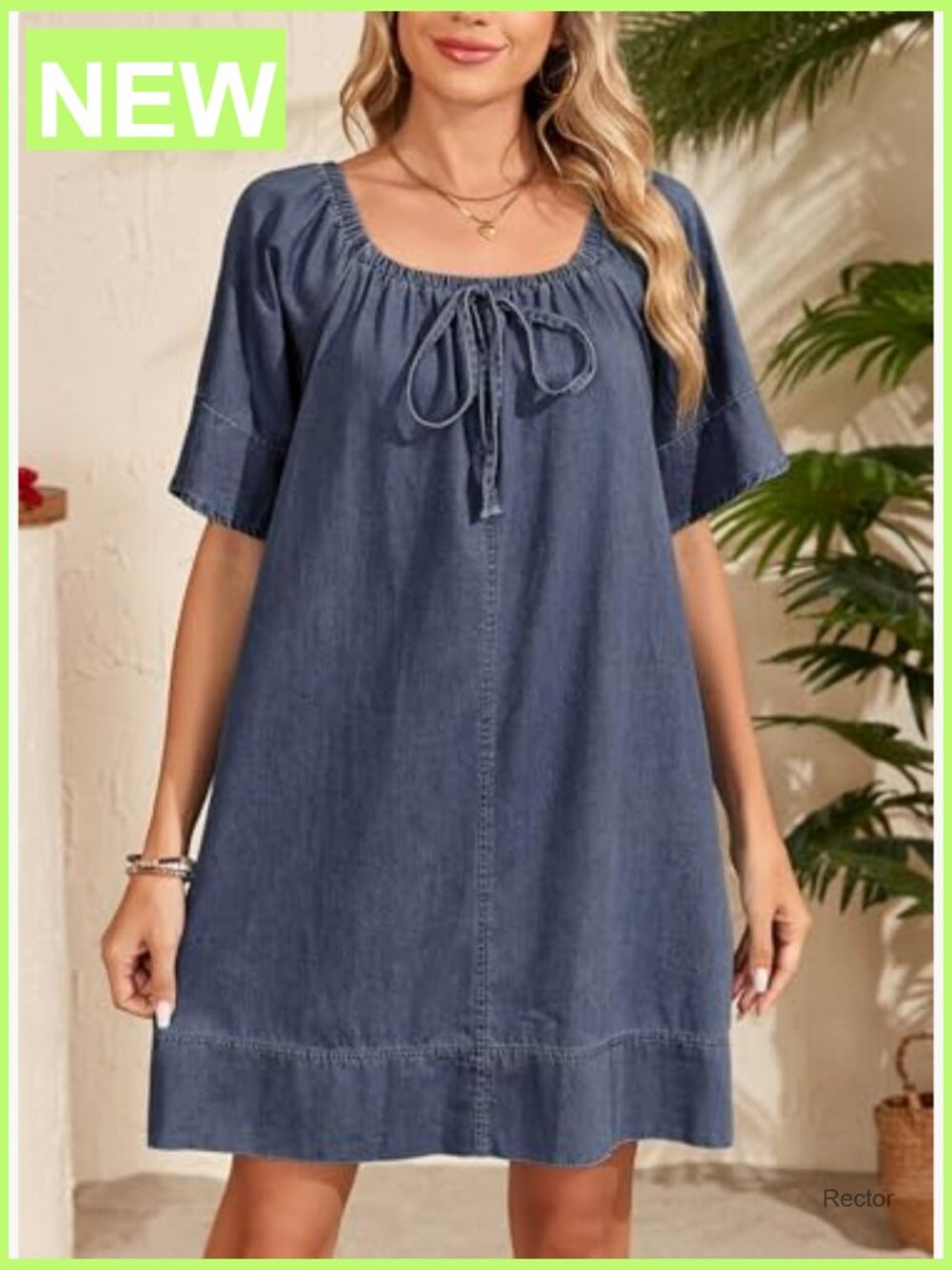 Lightweight Flowy Denim Dress Square Neck Short Sleeve Tie Knot Front - Picture 6 of 7